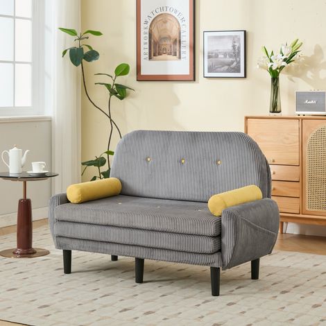 Grauer Cord-Loveseat-Sofa für das Wohnzimmer, als Daybed und Relaxsessel mit Stauraum.