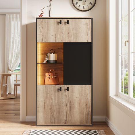 Armario de madera de ingeniería natural y negro, 77,8 x 36 x 150 cm, 3 zonas con cajón, puerta corredera y puertas dobles (1/5)