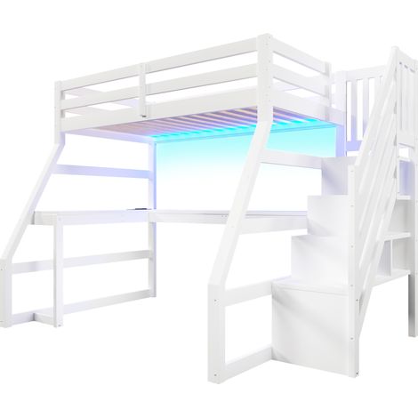 Grand lit mezzanine en bois 90x200 avec bureau, éclairage LED, port USB et escalier avec rangement, blanc
