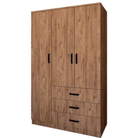 Guardaroba 3 Ante Valdengo, Armadio Camera da Letto 3 Ripiani, 3 Cassetti, Appendiabiti, 90x47 cm Marrone Rovere