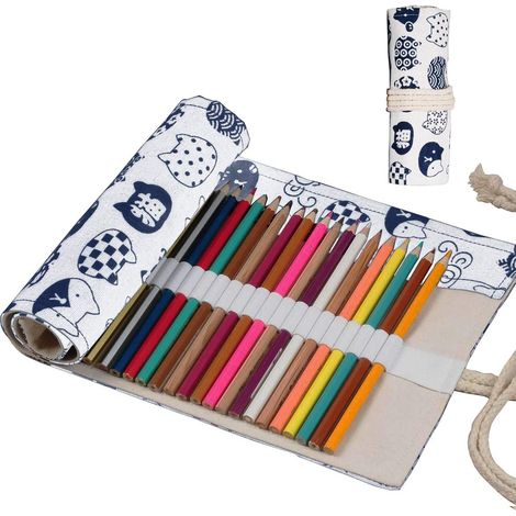 Etui A Rouleau Pour Crayons - Toile Coton Naturel - Motif Chat - 24 36 Ou 48 Emplacements - Pour Crayons De Couleur Stylos Et Pinceaux - 1 Piece (1/5)