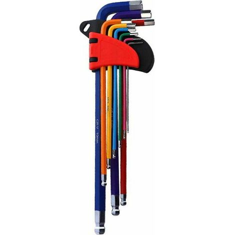 Jeu de cles Allen a extremite spherique a bras long 9 cles universelles de tailles differentes, cle en L multicolore, kit de cles hexagonales metriques en acier au chrome vanadium, mode (1/5)
