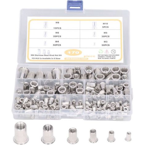 170 Pièces Acier Inoxydable Rivet Écrou Outil Plat Tête Filetée Rivet Nutsert Cap Assortiment kit M3 M4 M5 M6 M8 M10 Types Nuts (1/5)