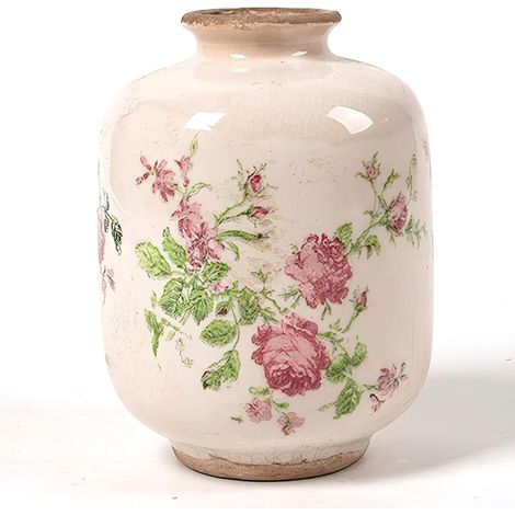 Petit vase en céramique blanc de style campagnard français peint à la main avec vernis craquelé vintage pour table de mariage, dîner, bureau, chambre à coucher, 14 cm (rose floral) (1/5)