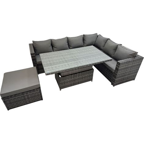 Fimous 7 Seater Rattan Height Adjustable Rising Lifting Table Corner Sofa Sets with Big Footstool Dark Grey Mixed (1/5)