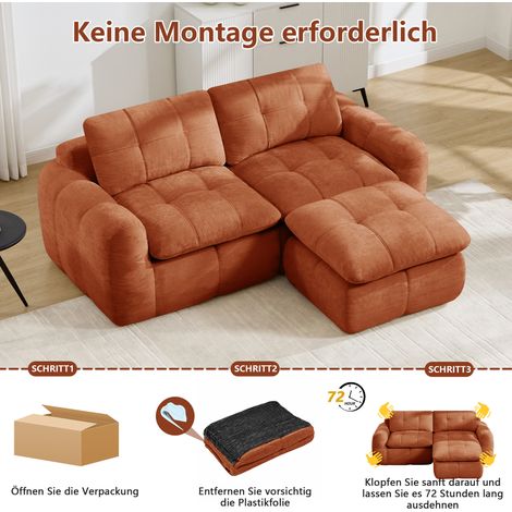 Canapé modulaire d'angle 2 places en chenille orange sans cadre avec ottomane, montage sans outil (1/5)