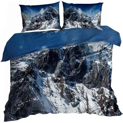 Ropa de cama de satén de algodón 3D de 140x200 cm con estampado de montañas alpinas. (1/3)