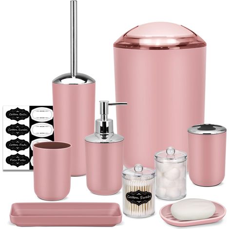 Ensemble d'accessoires de Salle de Bain - 8 pièces Rose avec Poubelle, Distributeur de Savon, Porte-Savon, Porte-Brosse à Dents, gobelet à Brosse à Dents, Porte-Brosse de Toilette, Distributeur (1/5)