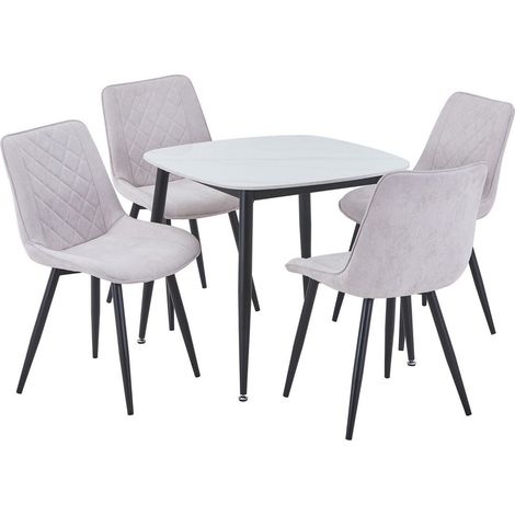 Aspen Gloss White Sintered Stone Square Table & 4 Natural Fabric Chair Set - Metal - L54 x W53.5 x H85.5 cm