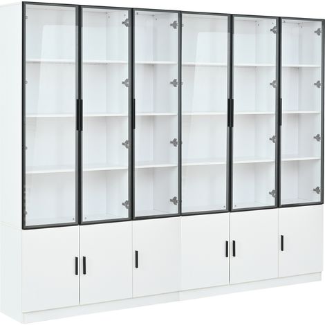 Vitrine 240x32x200cm, Meuble haut avec 12 portes, Armoire en verre LED, Grand placard blanc 240cm, Rangement multifonction salon, Grande armoire vitrée