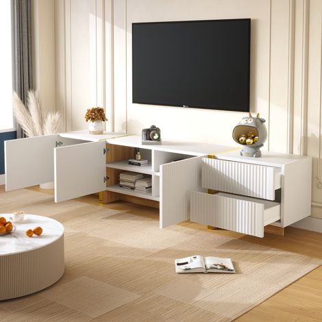 Meuble tv 190cm avec 3 portes et 2 tiroirs, blanc effet bois et touches dorées (1/5)