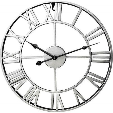 Horloge de jardin extérieure, horloge murale de jardin, grand format, chiffres romains, horloge en fer, gris argenté (1/5)