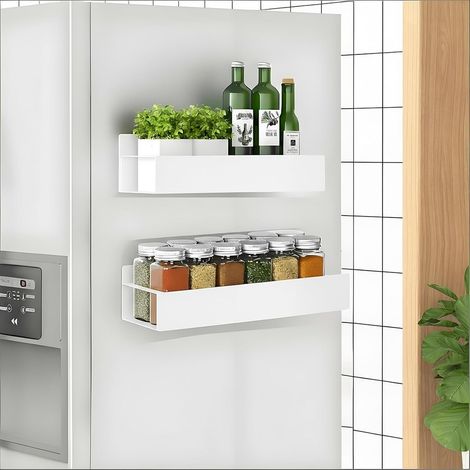 Etagere Magnetique Frigo Blanche, Lot de 2 Etagere Aimantée pour Frigo avec Crochets, Métal Porte Épices Magnétique Range Epices Aimanté pour Rangement et Organisation de la Cuisine, Blanc (1/5)