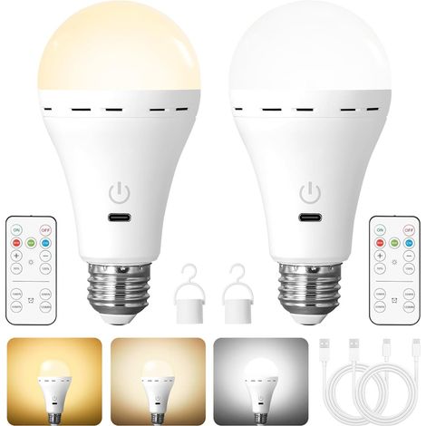 Lot de 2 ampoules LED rechargeables E27 avec télécommande, 3 couleurs et intensité réglable — pour l'éclairage intérieur (salon, chambre)