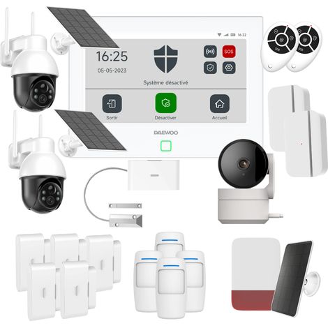 Daewoo – Pack alarme connectée Wifi GSM AM504L – Centrale TOUCH 7 pouces – Sirène 90dB – Détecteurs de mouvement compatibles animaux – Caméra Full HD