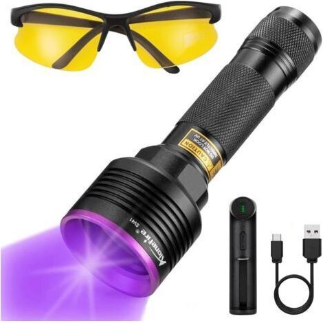 SV41 10W Lampe Torche UV LED 395nm Rechargeable Lampe Ultraviolet Lumiere Noire Détecteur D'urine pour Resine, Pêche, Scorpion, Minéraux avec Lunettes de Protection UV, Chargeur, Batterie (1/5)