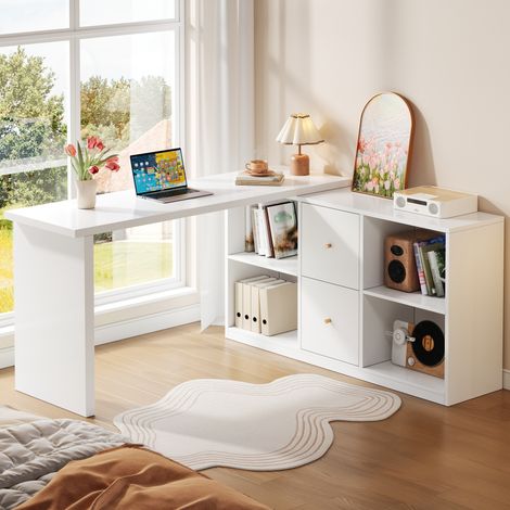 Escritorio de esquina 120 x 50 x 78 cm en l reversible izquierda derecha, mesa de ordenador con 2 cajones, 4 compartimentos abiertos, estilo moderno, mdf, blanco (1/5)