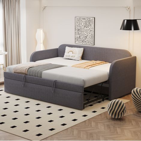 Divano Letto 90x190 cm con Struttura Estensibile 180x190 cm in Tessuto Lino Grigio (1/5)