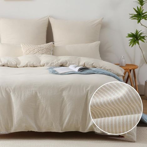 1 Parure de lit 220x240 cm, Housse de couette en coton lavé, Rayures beige, 2 Taies d'oreiller 65x65 cm, Certifié Oeko-Tex