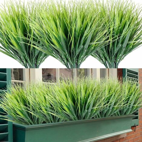 Lot de 12 paquets de gazon artificiel résistant aux UV - Plantes artificielles en plastique qui ne se décolorent pas - Décoration de jardin/fenêtre (herbe verte) (1/5)