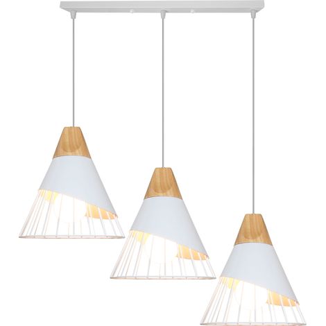 Lampadario a Sospensione 3 Fili, con Paralume in Legno e Metallo, di Form a Badminton per Cucina Ristorante Sala da Pranzo Dormitorio (Bianco)