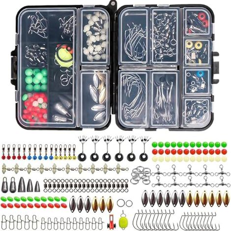 Kit de 183 pièces d'accessoires de pêche en mer, incluant hameçons n°1, émerillons tonneau n°3, agrafes n°1 et n°2, plombs coulissants 10g/3.5g/5g, émerillon manivelle n°1 pour brochet, bar, carpe, av