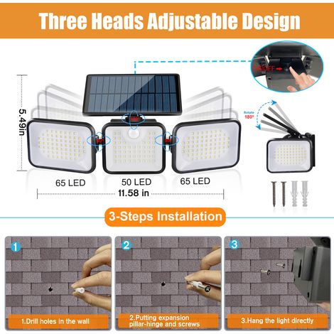 Ortviai Projecteur Solaire Extérieur 180 LED avec Capteur de Mouvement, Étanche IP65 pour Jardin, Terrasse et Balcon (1/4)