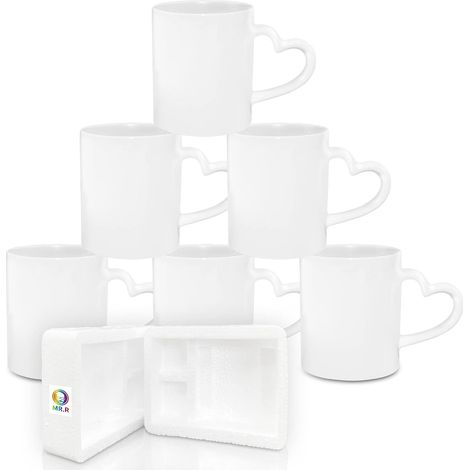 Ensemble de 6 tasses à café en porcelaine blanche pour sublimation Passe au lave-vaisselle Tasse à boire en céramique classique de 11 oz avec poignée en forme de cœur (1/5)