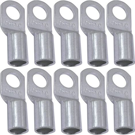Pack of 10 Tubular Electrical Eyelet Terminals - Eyelet - Ø6mm - Non-insulated - for 16mm² Conductors - Electrical Wire Connector - Clamp - Silver Color (1/3)