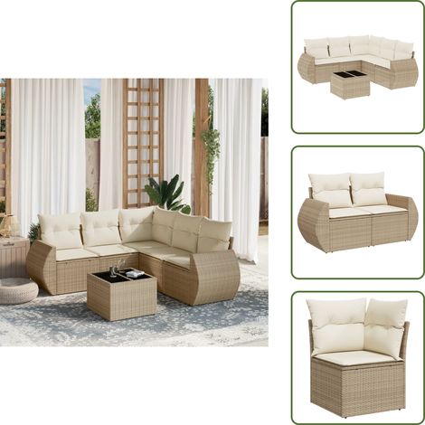6-tlg. Garten-Sofagarnitur mit Kissen Beige Poly Rattan - Gartenmöbel - Outdoor Möbel - Rattan Gartenset - Lounge Set - Esstisch Set (1/5)