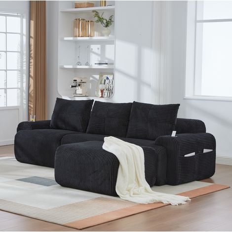 Divano modulare 3 posti in velluto a coste nero con portabicchieri e tasca laterale OKWISH (1/5)