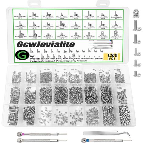 1200 Pièces Kit de Vis et Écrous, Assortiment de Vis Miniature M1 M1.2 M1.4 M1.6 M2 M2.5, Vis Mécanique avec 3 Tournevis et Pince à Épiler, pour Bricolage Réparation Électronique (1/5)