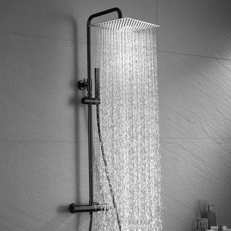 Görbach – Colonne de douche thermostatique noir mat – Douche de tête carrée 30x30 cm XXL – Douchette fine design – Picots en silicone anticalcaire – Acier inoxydable – Sans perçage supplémentaire