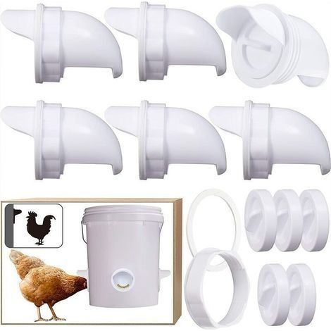 6 Pcs Mangeoire Poules Automatique, Avec 6 Ports Et Scie Cloche, éTanche à la Pluie, Mangeoire à Poulet sans DéChetsConvient aux seaux, seaux, boîtes, auges, mangeoires à poulets zéro déchet (1/5)