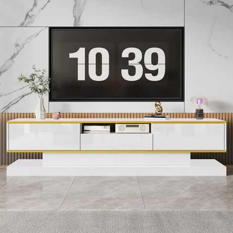 Meuble TV 180 cm avec LED Multicolore, Banc TV Salon Moderne à 3 Tiroirs et Niche, Finition Blanc Brillant (1/5)