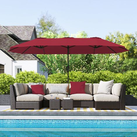 Sombrilla doble con ventilación y manivela, metal y poliéster, 4x2,2x2,34 m, negro y rojo. (1/5)
