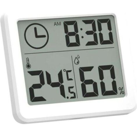 Mini Thermometre Interieur Numérique, Hygrometre Portable Professionnel à Grand Écran avec Horloge, Thermomètre Blanc Précis, Hygromètrepour la Maison