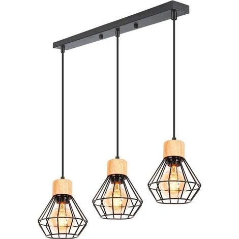 3lamps Suspensions Luminaires Industriel Vintage en Cage Lampe Plafonnier Rétro Ajustable en Bois Métal pour Salon Chambre (1/5)