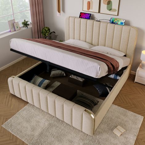 Cama baúl de 180x200 cm - con cabecero, puertos USB y Type-C e hidráulico - de lino - beige - sin colchón (1/5)