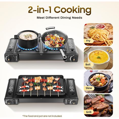 Réchaud à gaz portable pour camping, 2 feux, avec plateau barbecue et sac de rangement, pour camping, voyages, randonnée, pique-niques, barbecues sur la terrasse et bien plus encore