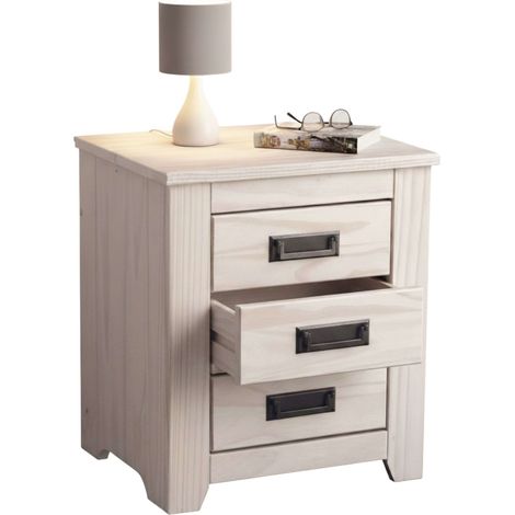 Mesita de Noche De Madera Color Blanco Lavado Para Dormitorio 45x50x38 cm