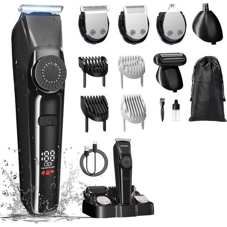 Tondeuse Barbe Homme Professionnel– Rasoir Barbe Homme Electrique Sans Fil, Étanche IPX7, 4 Têtes, 90 min d’autonomie