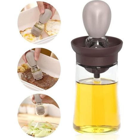 Bouteille d'Huile,Distributeur de bouteille d'huile d'olive en verre,Pinceau à Huile en Silicone,brosse à badigeonner,pour salades (1/4)