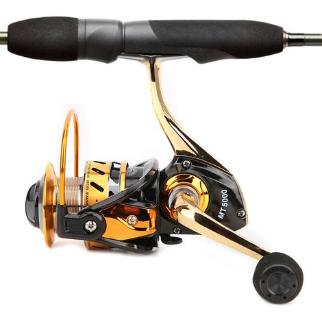 Moulinet de Pêche Spinning MT5000 en Métal avec Bras Basculeur Pliable, Design sans Intervalle pour Pêche en Mer, Finition Noir Doré