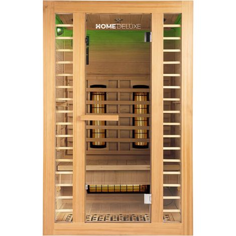 Home Deluxe – Cabine infrarouge REDSUN M DELUXE PLUS – 120 x 105 x 190 cm – 2 places – 4 émetteurs DUO – Bois de sapin Hemlock – Éclairage d'ambiance (1/5)