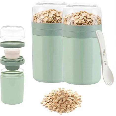 Set di 2 tazze da muesli con forchetta e cucchiaio, 520 ml + 250 ml (tazza yogurt da asporto), a tenuta stagna, con contenitore per salse, ideali per colazione, lavoro, scuola e picnic, con verdure. (1/5)