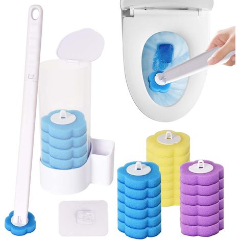 Brosse de Toilette Jetable, Brosse WC avec 18pcs Tête de Rechange, Brosse de Toilette avec Support, Kit de Système de Nettoyage Jetable, Barre de Nettoyage de Toilette, Kit de Barre de WC Murale (1/5)