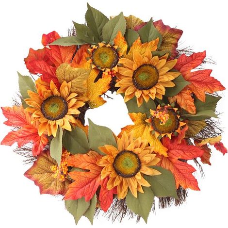 Couronne de tournesols artificiels de 40 cm (15,8 pouces) pour la décoration de porte d'entrée, style automnal, rustique, pour intérieur et extérieur, fenêtre et décoration intérieure.-AquaForge (1/5)