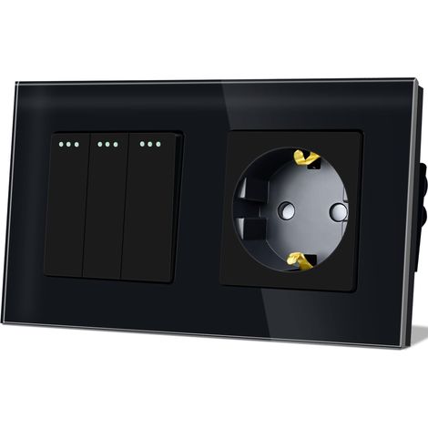 Interrupteur avec prise de courant 3 prises 1 voie Plaque de verre encastrée Bouton interrupteur avec prise Schuko 16 Amp 86  157 mm Noir Interrupteur à bascule (1/5)