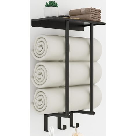 Porte Serviette Salle de Bain Noir, 50 cm Porte Serviette Murale Support Serviette Salle de Bain avec Étagère et 3 Crochet Acier Inoxydable Rangement Serviette pour Les Serviettes 3 Enroulées (1/5)